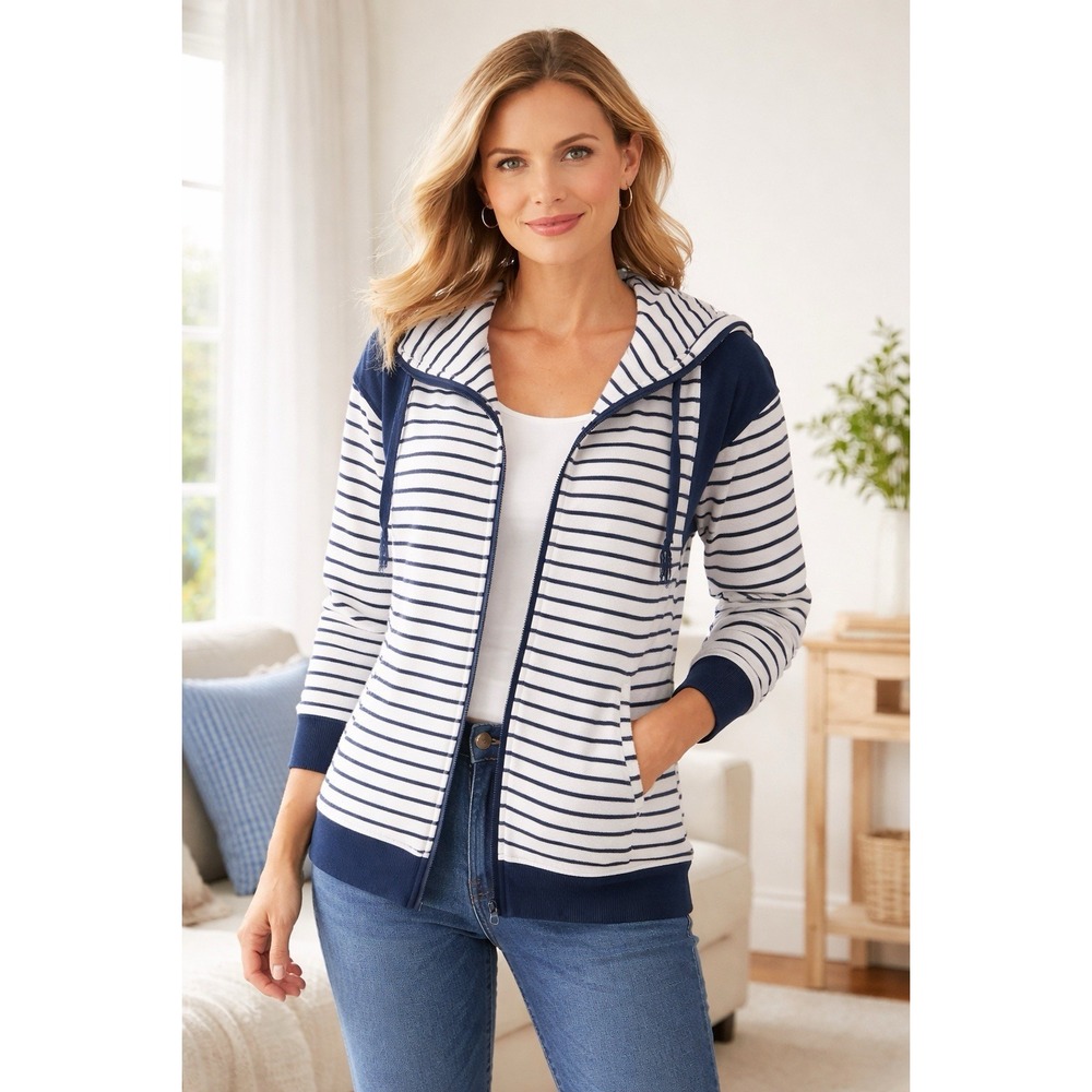 Karen Scott 3X‎ Sport Jacket Full Zip Nautical Beachy Navy White Stripes Plus SZ